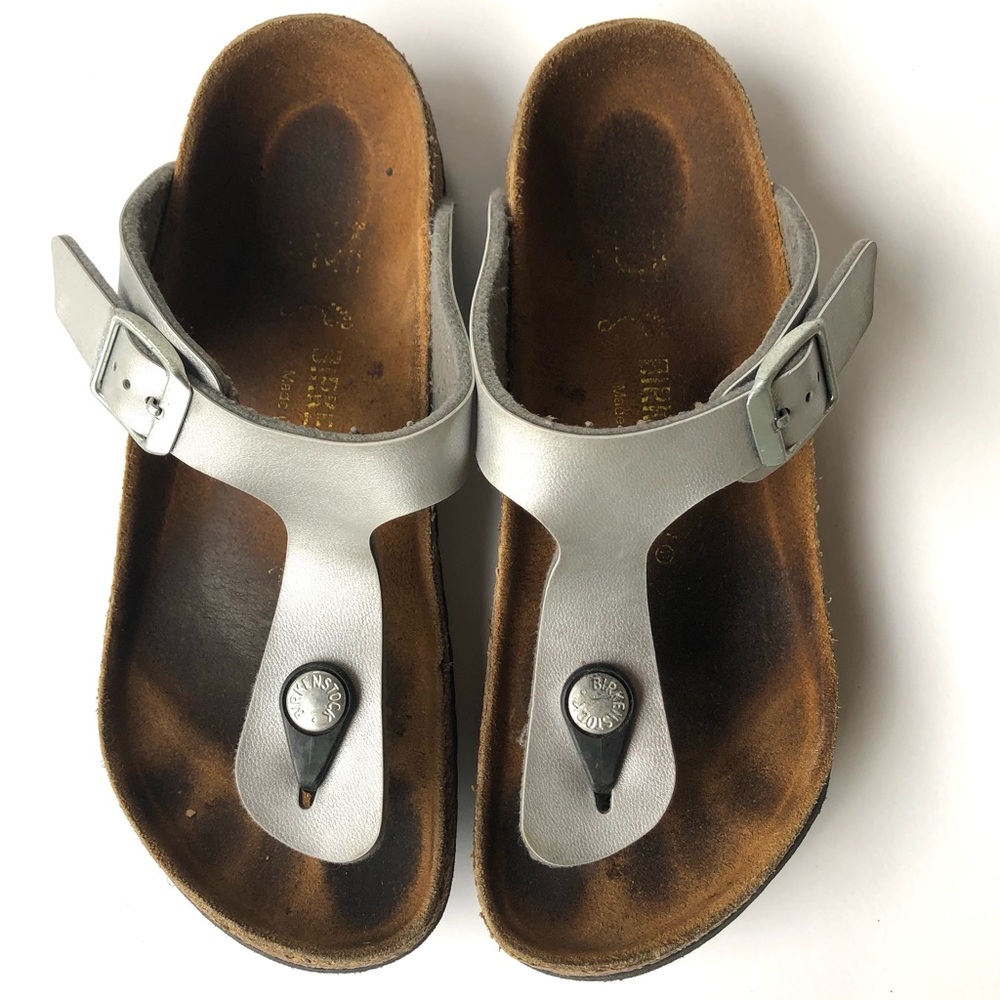 Birkenstock T-strap silver leather sandals 1-1.5